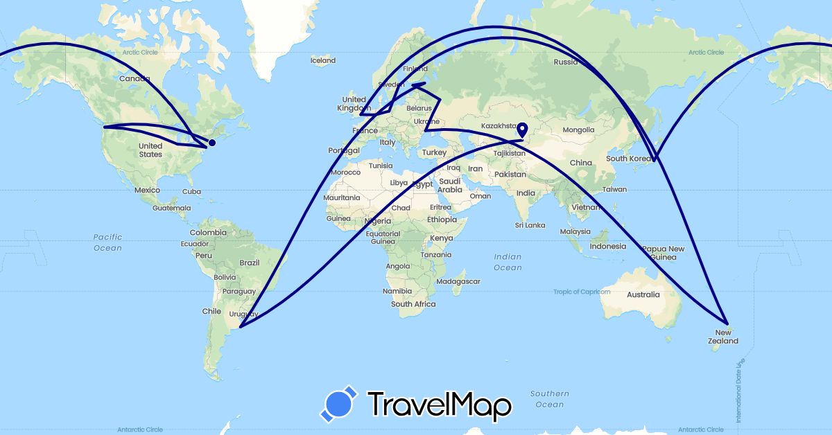 TravelMap itinerary: driving in Argentina, Canada, Germany, Estonia, United Kingdom, Israel, Japan, Kazakhstan, New Zealand, Russia, Sweden, Ukraine, United States (Asia, Europe, North America, Oceania, South America)